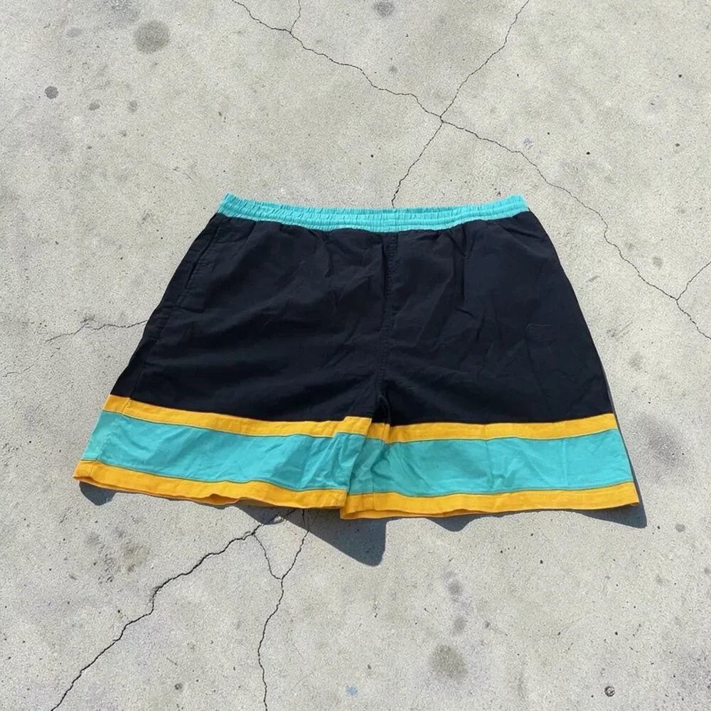 Vintage 90s Board Shorts Color Block Striped CAMPUS Mesh Lined Drawstring Cotton